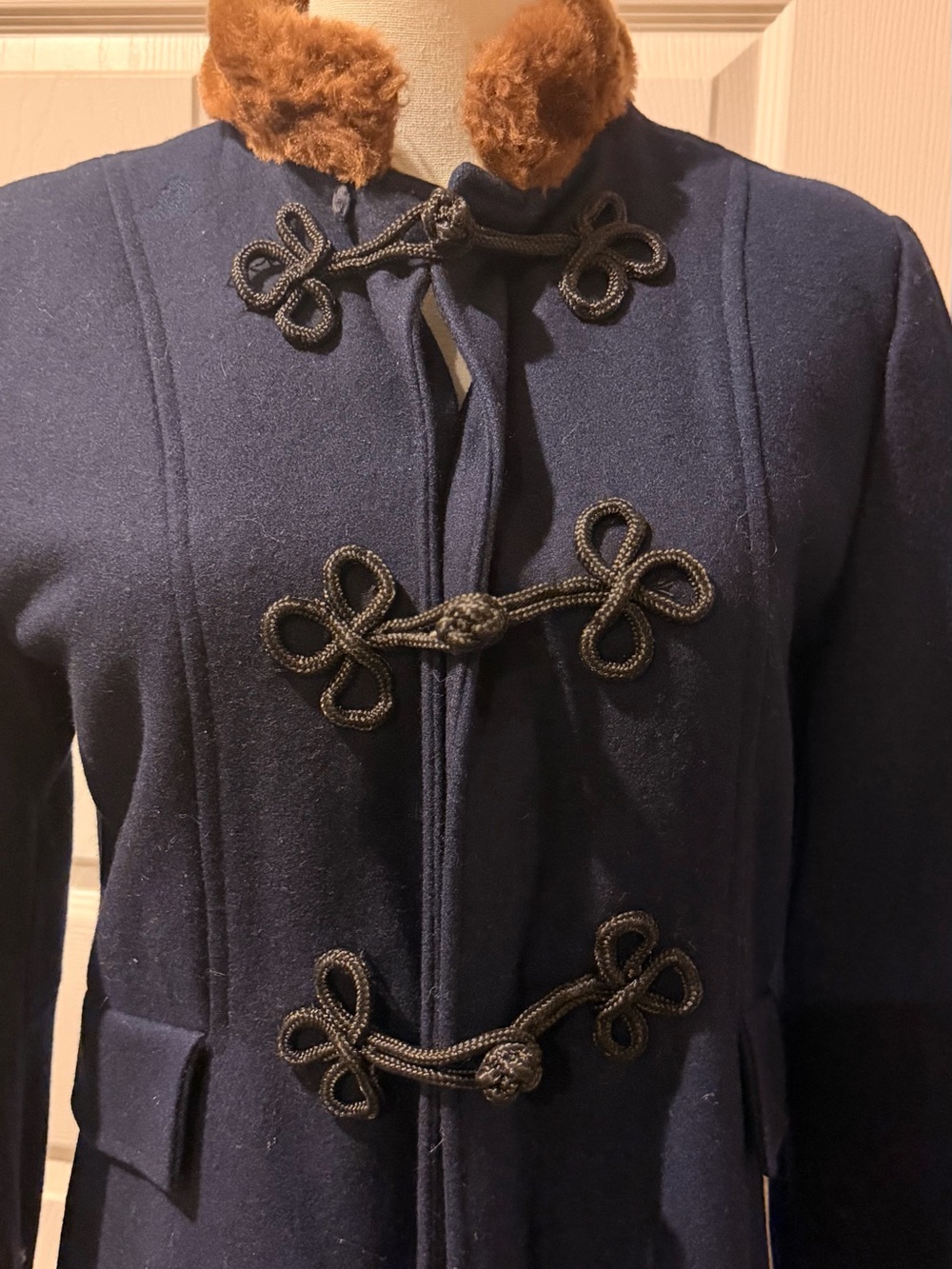 Gallery Navy Pea Coat with Brown Faux Fur Collar
